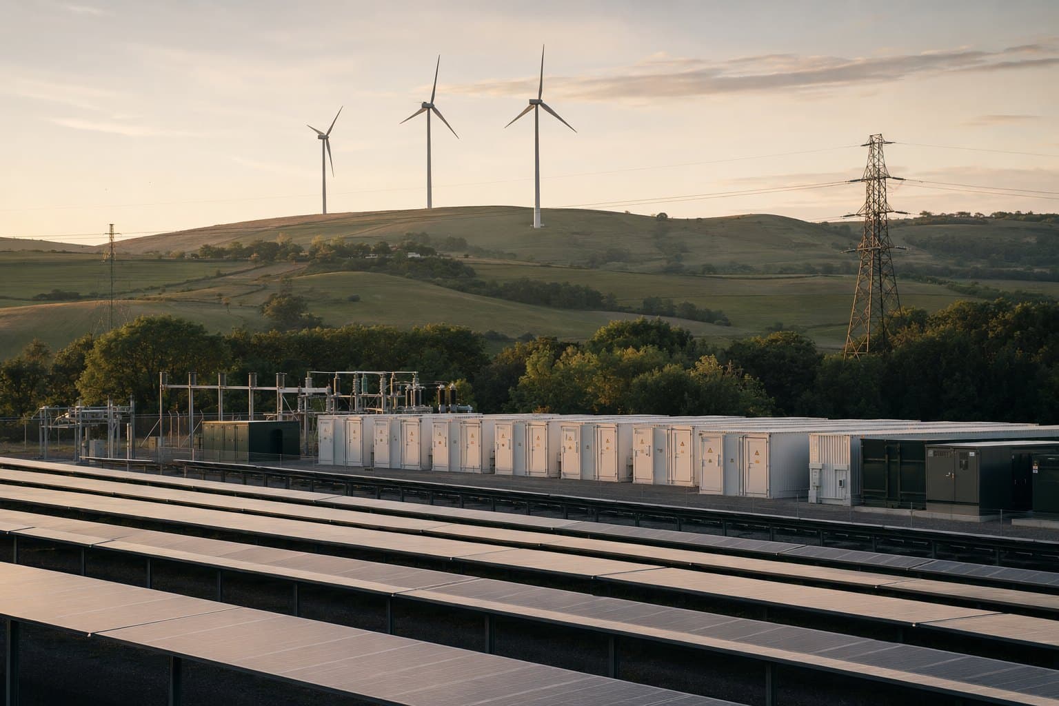 A hybrid plant at dusk: solar rows, battery storage, a substation and wind turbines