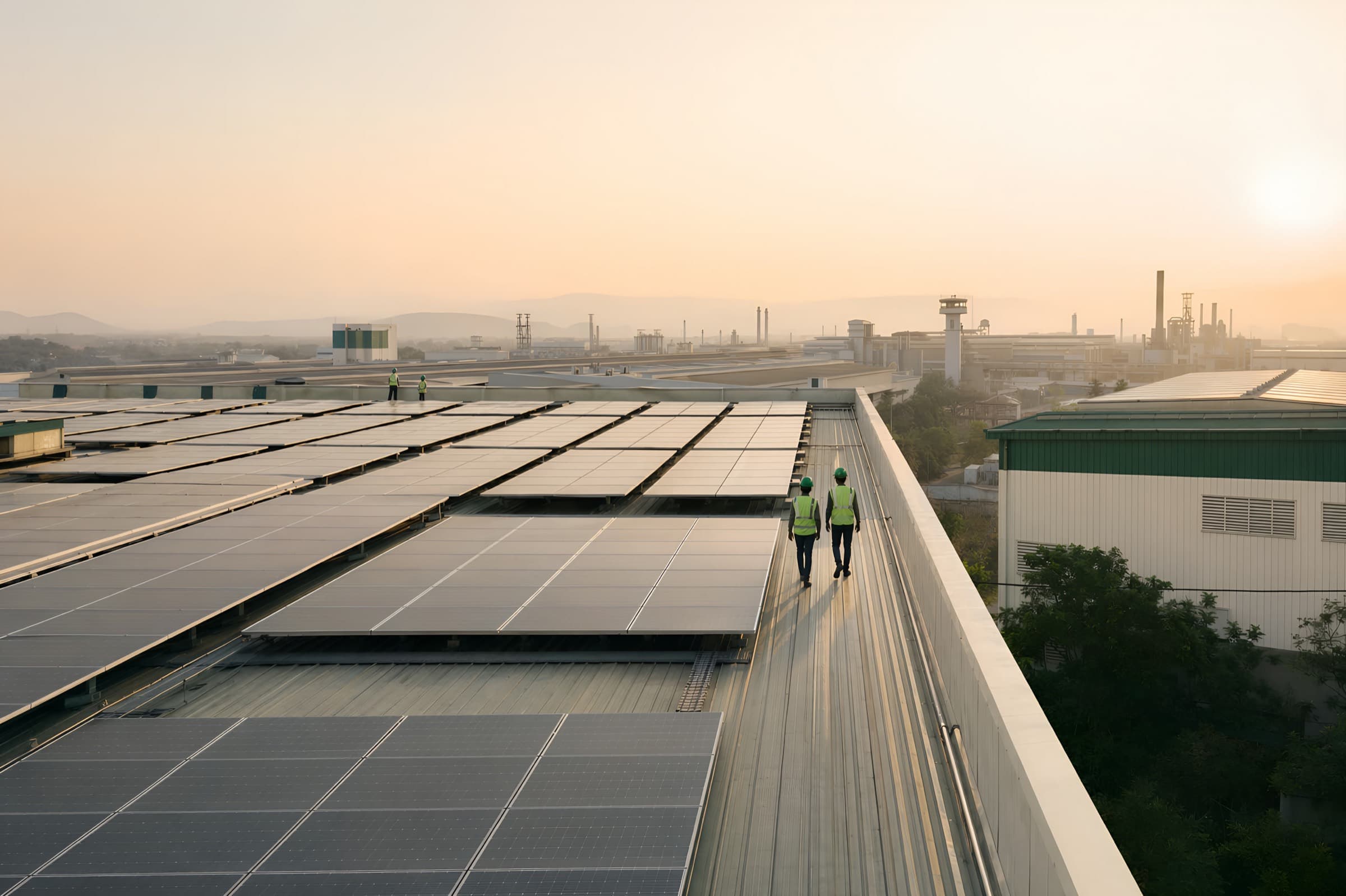Two engineers walking a factory rooftop solar array at sunset