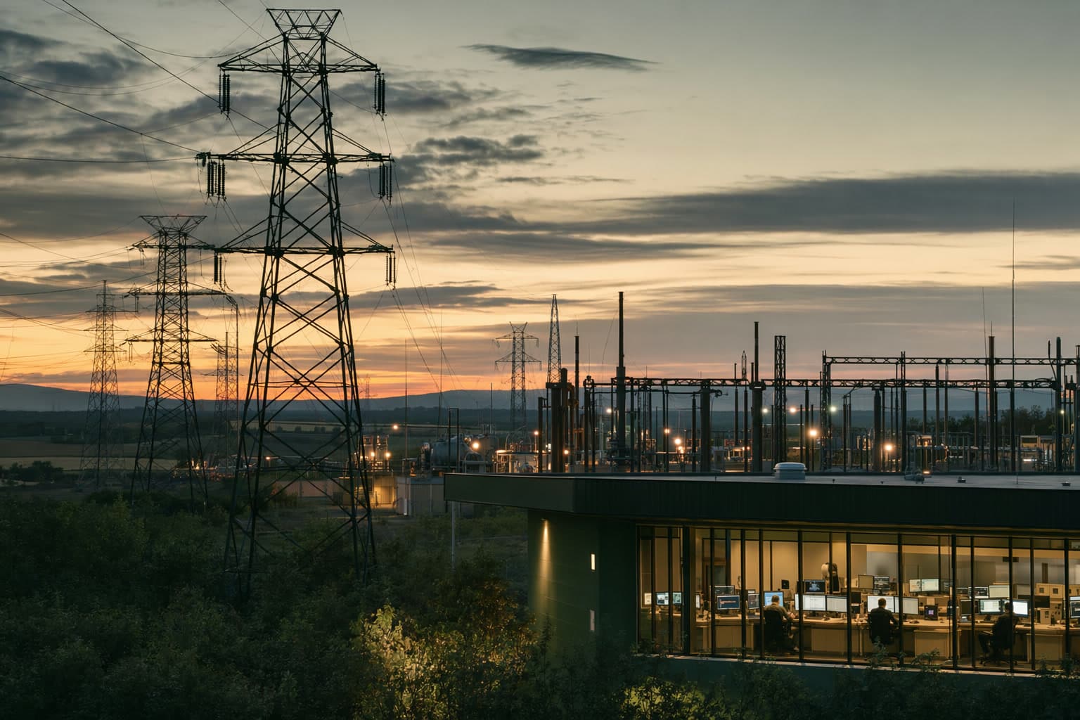 A grid substation and transmission towers at dusk