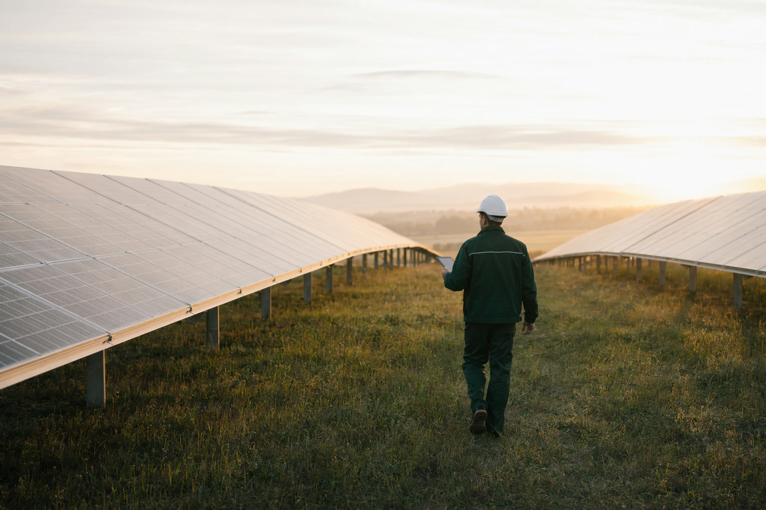 An engineer walking between rows of solar panels at dawn, reviewing plans on a tablet