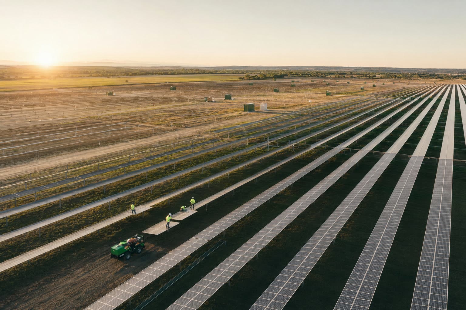 Aerial view of a utility-scale solar park under construction at sunrise